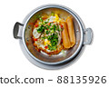 Scrambled eggs with hotdog, tomato and parsley isolate white background 88135926