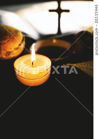 Church Communion Bread and wine, candles, crosses and bibles 88135944