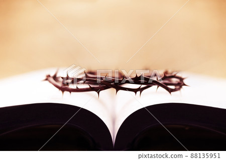 The Bible and the crown of thorns symbolizing the crucifixion of Jesus Christ 88135951