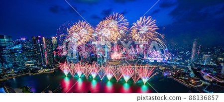 Singapore night view and fireworks banner image 88136857