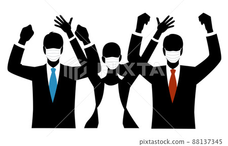 Silhouette illustration of three men and women in suits wearing masks and raising both hands Silhouette illustration of three men and women in suits wearing masks and raising both hands 88137345