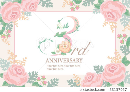 三週年設計材料。帶有花和花框的數字字體。向量。 88137937