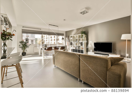 Interior of a cozy bright living room with a street view and a dining area in a modern house 88139894