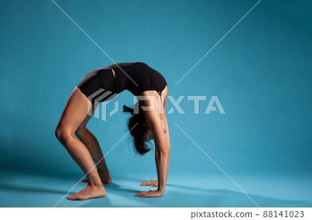 Athletic active person standing in bridge position training body endurance working at healthy lifestyle in studio with blue background. Personal trainer exercising posture Athletic active person standing in bridge position training body endurance working at healthy lifestyle in studio with blue background. Personal trainer exercising posture 88141023