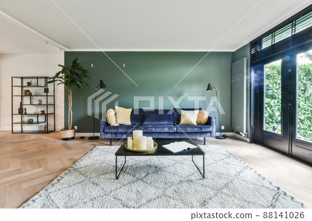 Living room with a modern interior in a spacious apartment with a carpet on the floor 88141026