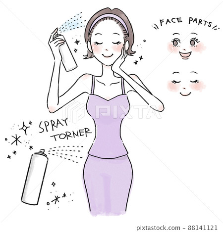 Illustration of a woman with short hair spraying mist lotion 88141121