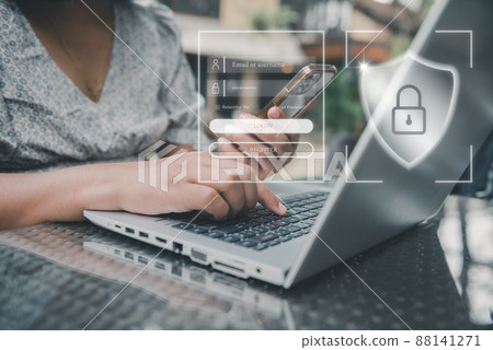 Personal Data Access and Technology Security for Business Financial. Business Woman Using Mobile While Accessing Private Data on Laptop. Technology Database Security Network System for Global Business Personal Data Access and Technology Security for Business Financial. Business Woman Using Mobile While Accessing Private Data on Laptop. Technology Database Security Network System for Global Business 88141271