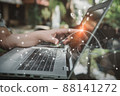 Businesswoman Finger Hand Pointing on Laptop Monitor While Access Information Banking Connecting With Virtual Screen for Money Exchange. Technology Internet Network Connection for Business Financial 88141272