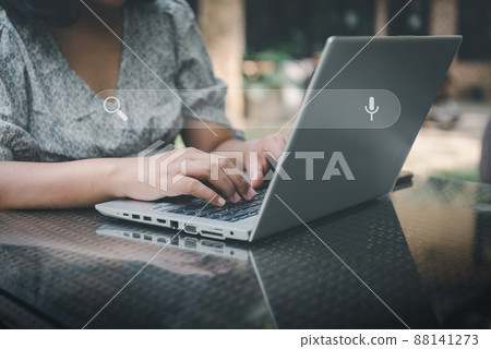 Search Engine Optimization (SEO) Banner for Business Marketing. Businesswoman Searching Keywords on Address Bar for Website Online Network. Technology Internet Browsing and Search Engine System. 88141273
