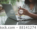 Client User Assessment Satisfaction Feedback Ranking on Smartphone. Evaluation Researching of Business Performance With Trust Score and Quality from Clients. Survey Feedback of Customer Satisfaction. 88141274
