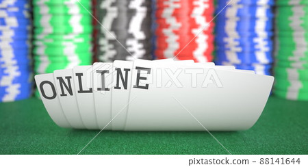 A hand of playing cards with online text. 3d rendering A hand of playing cards with online text. 3d rendering 88141644