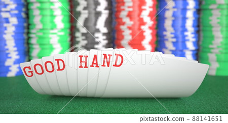 A hand of playing cards with good hand text. 3d rendering A hand of playing cards with good hand text. 3d rendering 88141651