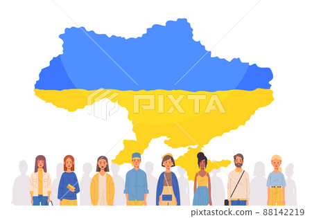 people near Ukrainian map pray for Ukraine peace save Ukraine from russia stop war concept 88142219