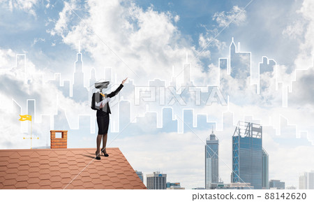 Concept of home security and privacy protection with camera headed woman 88142620