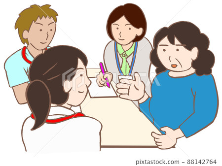 出院支持會議 一名患有精神分裂症的女性、一名精神科醫生、一名護士和一名心理健康工作者的插圖 88142764