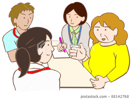 Discharge support conference Illustration of a woman with bipolar disorder, a psychiatrist, a nurse, and a mental health worker 88142768