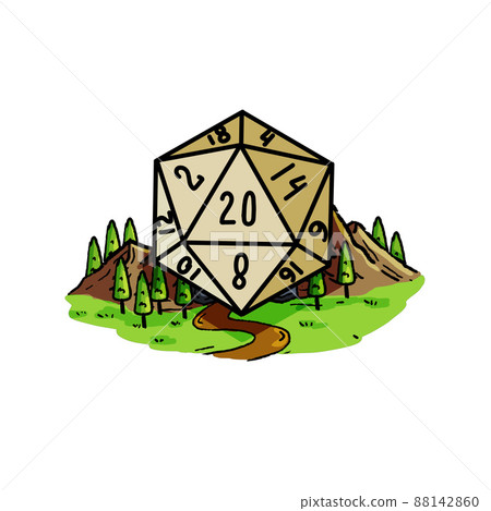 Dungeon and dragons board game. Dice d20 and cartoon cave entrance. Dungeon and dragons board game. Dice d20 and cartoon cave entrance. 88142860