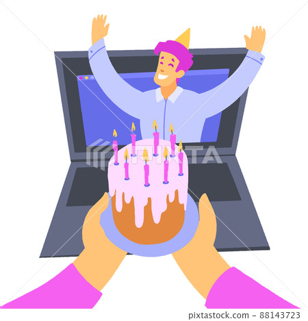 Young man celebrating birthday congratulations on the screen of laptop. Young man celebrating birthday congratulations on the screen of laptop. 88143723