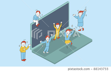 Illustrations of students rejoicing around laptops Junior high school and high school students rejoicing to announce their success online 88143733