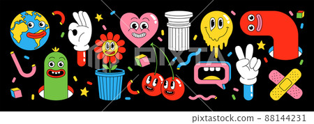 Sticker pack of funny cartoon characters. Vector illustration of comic heart, patch, earth, berry, abstract faces etc. 88144231