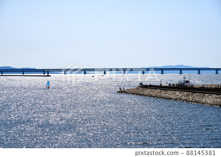 Kansai Airport connecting bridge and the shining sea seen from Nishikinohama Kansai Airport connecting bridge and the shining sea seen from Nishikinohama 88145381