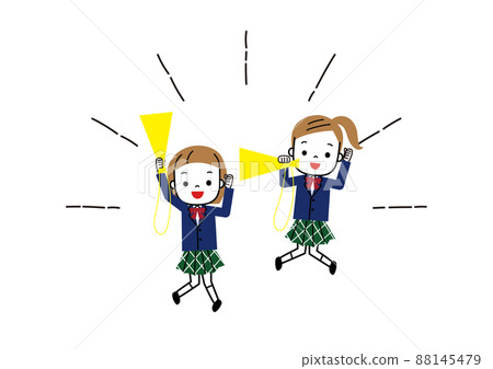 兩名女學生拿著擴音器歡快歡呼 88145479
