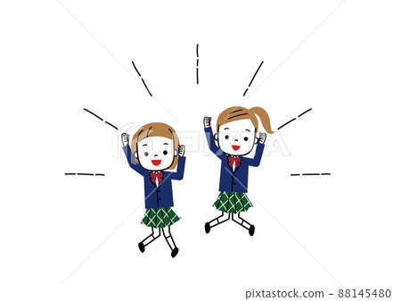 Two female students in uniforms jumping energetically Two female students in uniforms jumping energetically 88145480