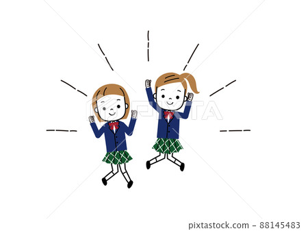 Two female students in uniforms jumping while doing a guts pose Two female students in uniforms jumping while doing a guts pose 88145483