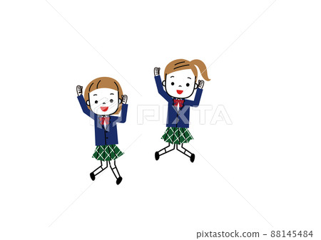 Two female students jumping while guts pose in uniform Two female students jumping while guts pose in uniform 88145484