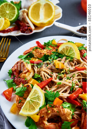 Stir fry noodle with shrimps, asian cuisine, cooked soba Stir fry noodle with shrimps, asian cuisine, cooked soba 88146010