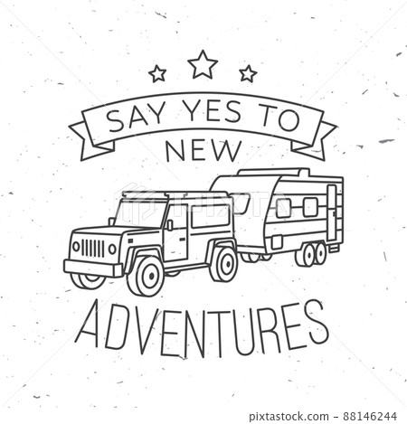 Camping. Vector. Concept for shirt or logo, print, stamp or tee. Vintage line art design with off-road car and forest. Camping. Vector. Concept for shirt or logo, print, stamp or tee. Vintage line art design with off-road car and forest. 88146244