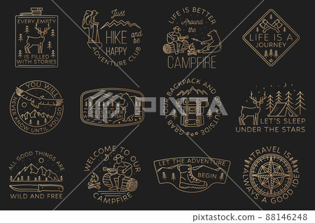 Set of camping badges, patches. Vector. Concept for shirt or logo, print, stamp or tee. Vintage line art design with camper tent, hiker, fishing bear, bear, man with guitar,and mountain. Set of camping badges, patches. Vector. Concept for shirt or logo, print, stamp or tee. Vintage line art design with camper tent, hiker, fishing bear, bear, man with guitar,and mountain. 88146248