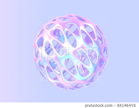 Abstract holographic hollow ball or sphere, round metal shape with gradient pearlescent texture, chromatic fluid object, empty futuristic sculpture with holes isolated on purple background, 3d render Abstract holographic hollow ball or sphere, round metal shape with gradient pearlescent texture, chromatic fluid object, empty futuristic sculpture with holes isolated on purple background, 3d render 88146458