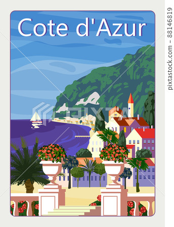 Cote de l'azur French Riviera coast poster vintage. Resort, coast, sea, beach. Retro style illustration vector Cote de l'azur French Riviera coast poster vintage. Resort, coast, sea, beach. Retro style illustration vector 88146819