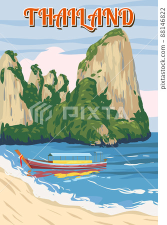 Thailand tropical resort poster vintage. Travel holiday summer. Exotic beach coast, boat, palms, ocean. Retro style illustration vector isolated 88146822