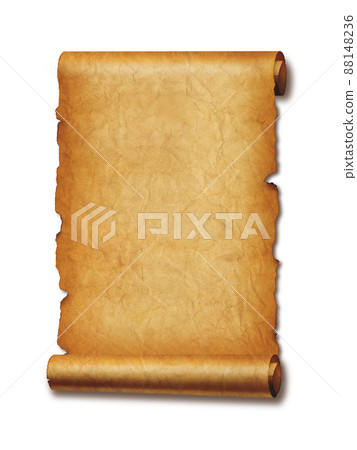 Old mediaeval paper sheet. Parchment scroll isolated on white with shadow Old mediaeval paper sheet. Parchment scroll isolated on white with shadow 88148236