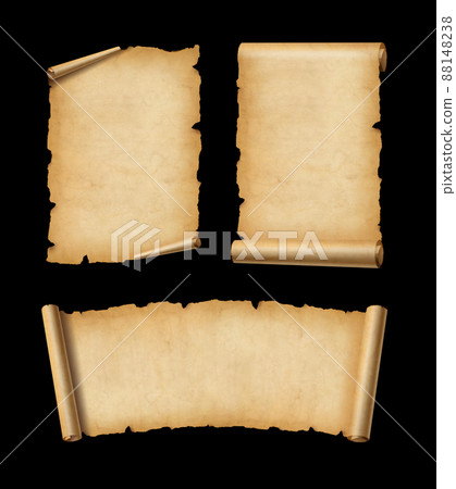 Old Parchment paper scroll set isolated on black. Horizontal and vertical banners Old Parchment paper scroll set isolated on black. Horizontal and vertical banners 88148238
