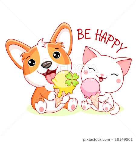 Cute summer card in kawaii style. Little friends - corgi puppy and kitty with ice cream 88149801