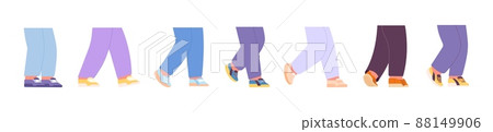 Leg in sport shoes. Diverse legs staying, running going. Isolated flat motion elements. Fashion different sneakers, sporty lifestyle vector set 88149906