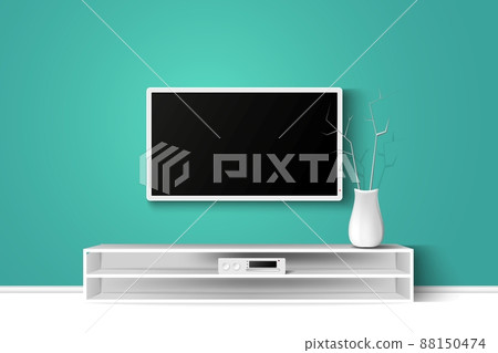 Vector 3d illustration of LED TV stand on a wooden table. House living room modern interior design. Copy space template. Vector 3d illustration of LED TV stand on a wooden table. House living room modern interior design. Copy space template. 88150474