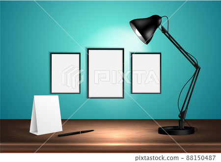 3d desk lamp on wooden table lights up empty posters on a wall. Vector illustration. Copy space for text template. 3d desk lamp on wooden table lights up empty posters on a wall. Vector illustration. Copy space for text template. 88150487