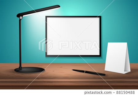 3d desk lamp on wooden table lights up empty posters on a wall. Vector illustration. Copy space for text template. 88150488