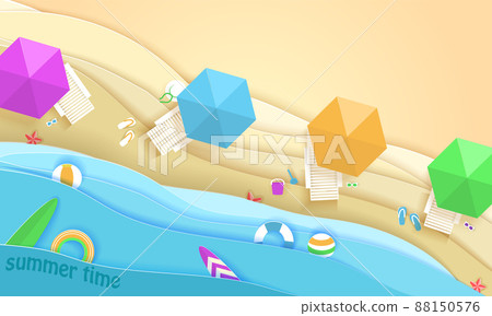Tropical beach in paper art style. Vector top view paper cut illustration. Summer holiday concept poster template. Craft origami. 88150576
