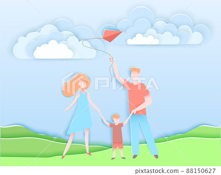Happy family walking in a park with kid. Vector illustration in paper art origami style. Happy mother and father day poster. Paper cut craft design. 88150627