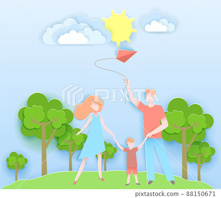 Happy family walking in a park with kid. Vector... - Stock Illustration ...