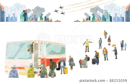 撤離人員在巴士上排隊的手繪水彩風格插圖 88151039