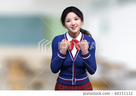 A high school girl doing a guts pose in the classroom. 88151112