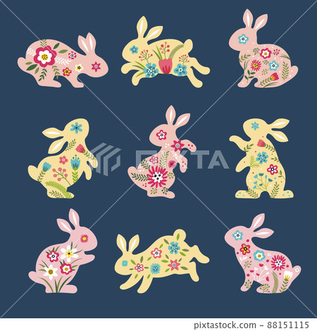 Easter rabbits. Silhouettes of animals bunnies with botanical decoration flowers and chocolate eggs recent spring selebration vector templates Easter rabbits. Silhouettes of animals bunnies with botanical decoration flowers and chocolate eggs recent spring selebration vector templates 88151115