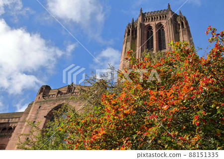 Liverpool, England (UK) Liverpool Cathedral with huge Gothic architecture and colored leaves on the street corner 88151335