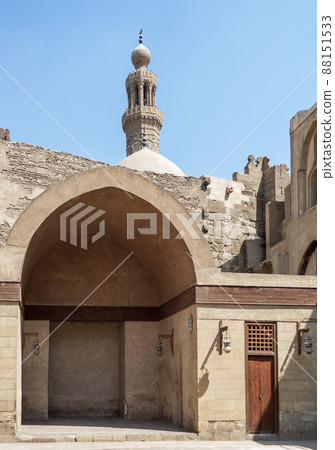 Courtyard of historic mosque of Sultan Al Nassir Qalawun with minaret in the far end, Cairo, Egypt Courtyard of historic mosque of Sultan Al Nassir Qalawun with minaret in the far end, Cairo, Egypt 88151533